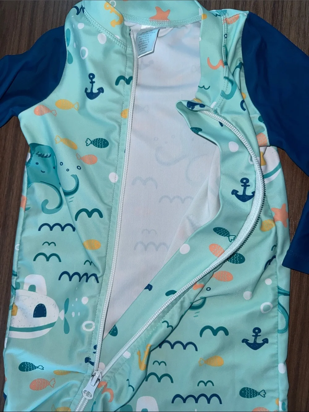 Baby Ocean Print Zippered Swim Romper - Teal & Navy 12-18 month